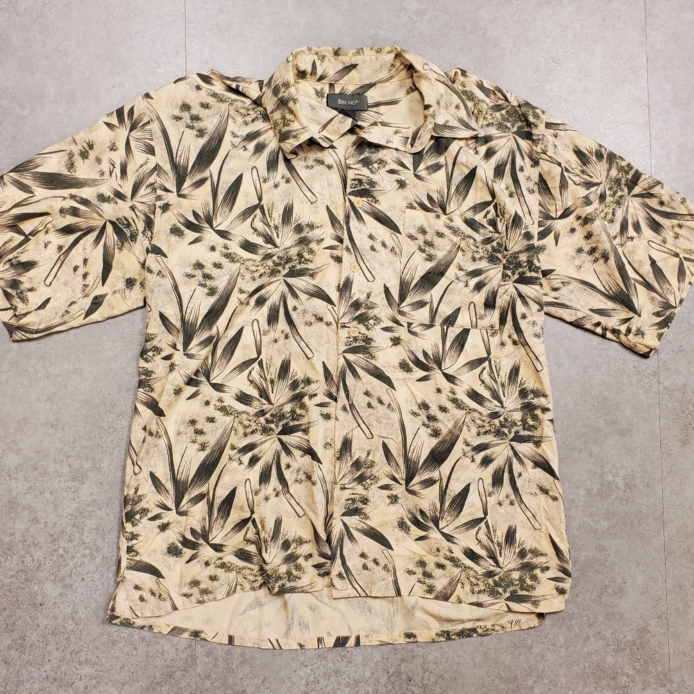 Bruno Silk Cream Green Hawaiian Polo Button Shirt Men's L Large short sleeve